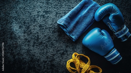 Blue Boxing Gloves and Hand Wraps on Dark Textured Background photo