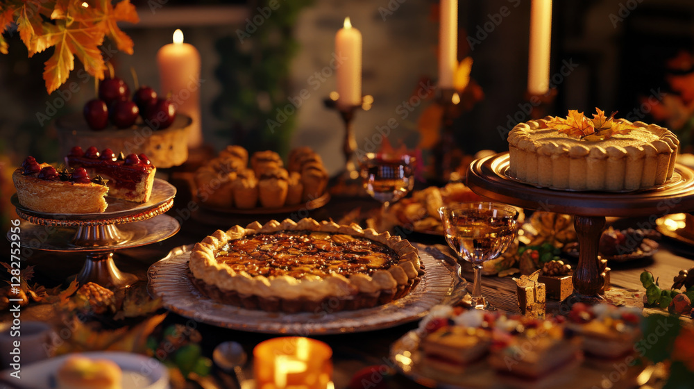 A Thanksgiving dessert table with pies, cakes, and cookies