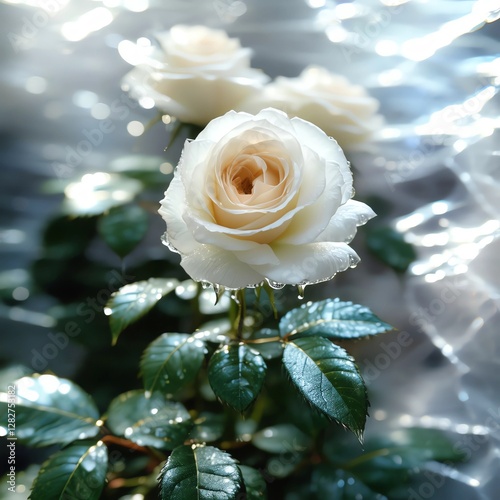 Rosas blancas sobre agua cristalina photo