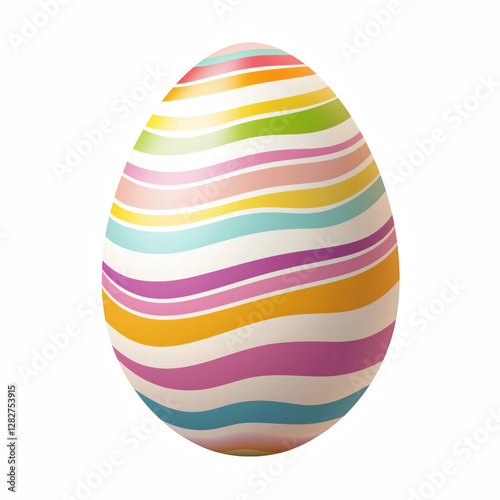 Realistic decorated Easter egg with colorful wavy pastel stripes, festive holiday illustration on white background. photo