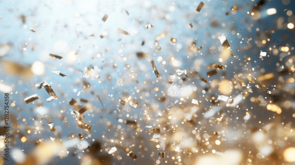 Fototapeta premium Confetti motion concept. A dynamic burst of shimmering particles in gold and silver tones against a soft blue backdrop, evoking energy and celebration.