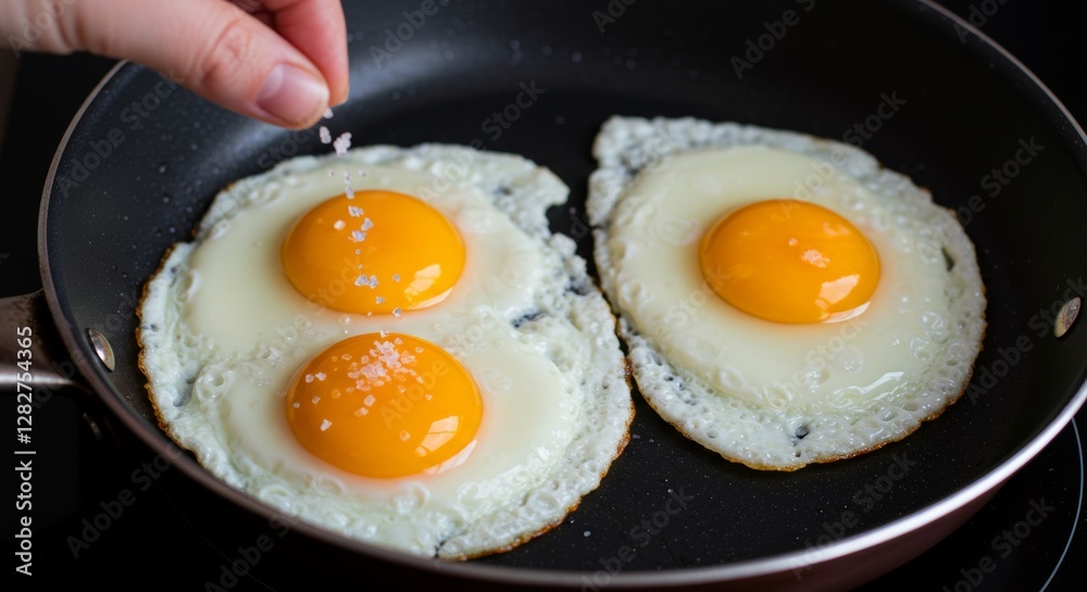 Seasoning golden fried eggs with sea salt in a non-stick pan Seasoning golden fried eggs with sea salt in a non-stick pan
