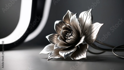 Beautiful silver flower sculpture delicately crafted on a smooth surface photo