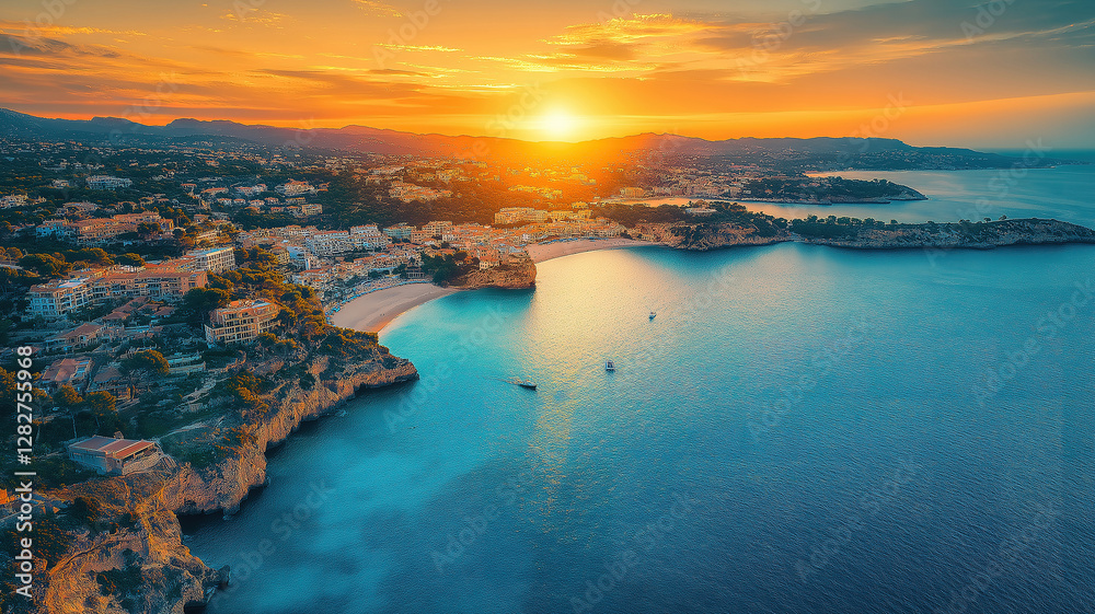Fototapeta premium Stunning sunset over the coastal town of Santa Ponsa in Mallorca with the sky painted in warm hues