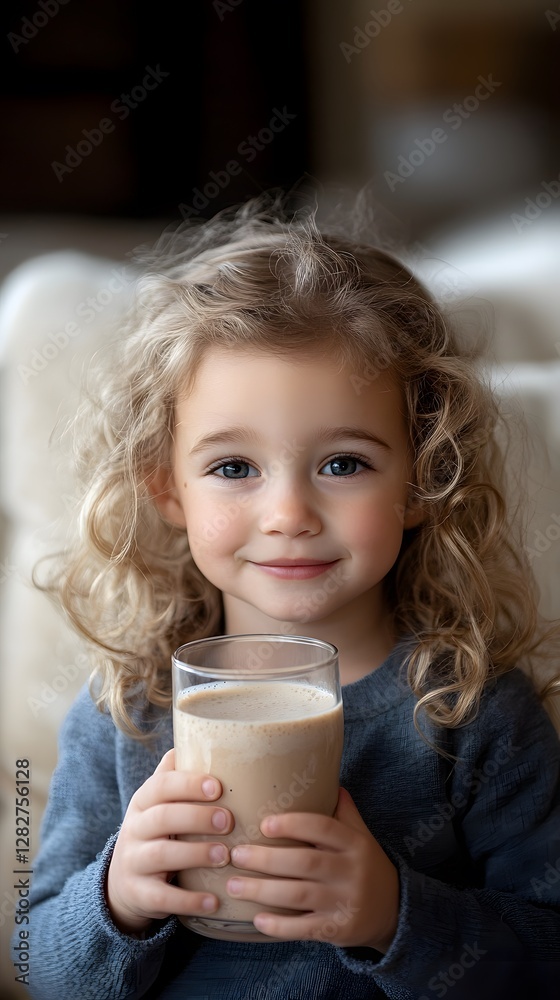 Smiling girl holding a glass of delicious smoothie indoors. Smiling girl holding a glass of delicious smoothie indoors.