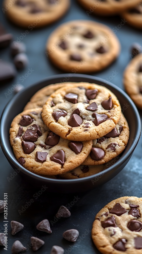 Delicious chocolate chip cookies stacked in a black bowl, inviting and warm. Delicious chocolate chip cookies stacked in a black bowl, inviting and warm.
