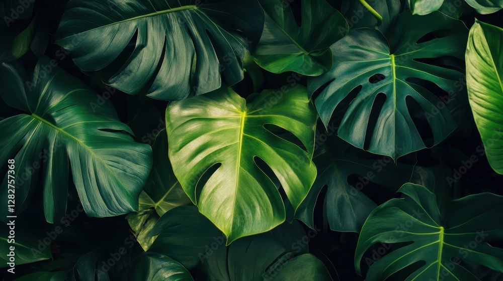 custom made wallpaper toronto digitalA vibrant, close-up view of a lush, green tropical leaf, bathed in natural light, ideal for flat-lay design or a refreshing wallpaper banner, evoking a sense of tropical tranquility.