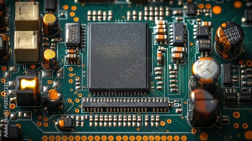computer motherboard with processor chipset and digital circuit components illustrating semiconductor hardware and modern computing technology