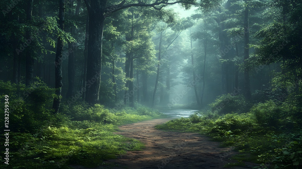 Obraz premium Tranquil forest scene features a meandering river, misty morning atmosphere, tall ancient trees, lush green foliage, soft natural lighting, and a dirt path, creating an ethereal woodland landscape