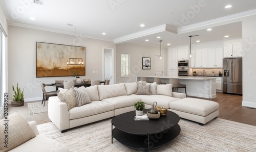 Modern open-plan living room, kitchen view, luxury home interior, staged furniture, real estate photo