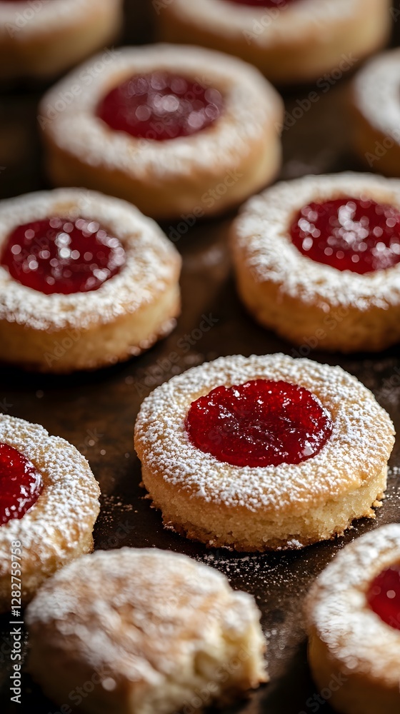 Freshly baked jam-filled cookies sprinkled with powdered sugar. Freshly baked jam-filled cookies sprinkled with powdered sugar.