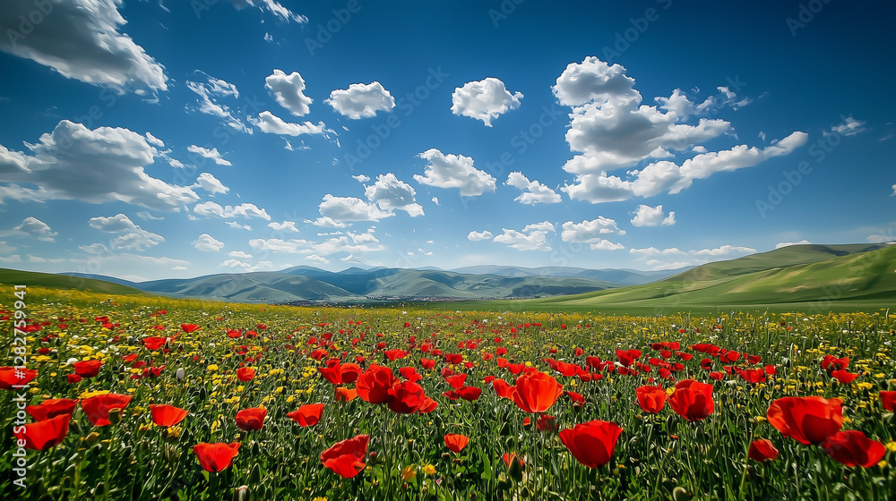 Vibrant Red Poppies Bloom in Sunny Spring Meadow Landscape Vibrant Red Poppies Bloom in Sunny Spring Meadow Landscape