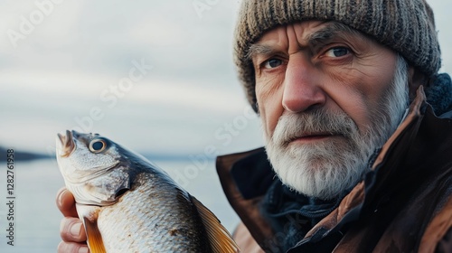 A freshly caught fish, standing by the sea