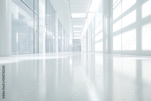 Modern white corridor, sunlight, glass walls, clean floor, office interior design
