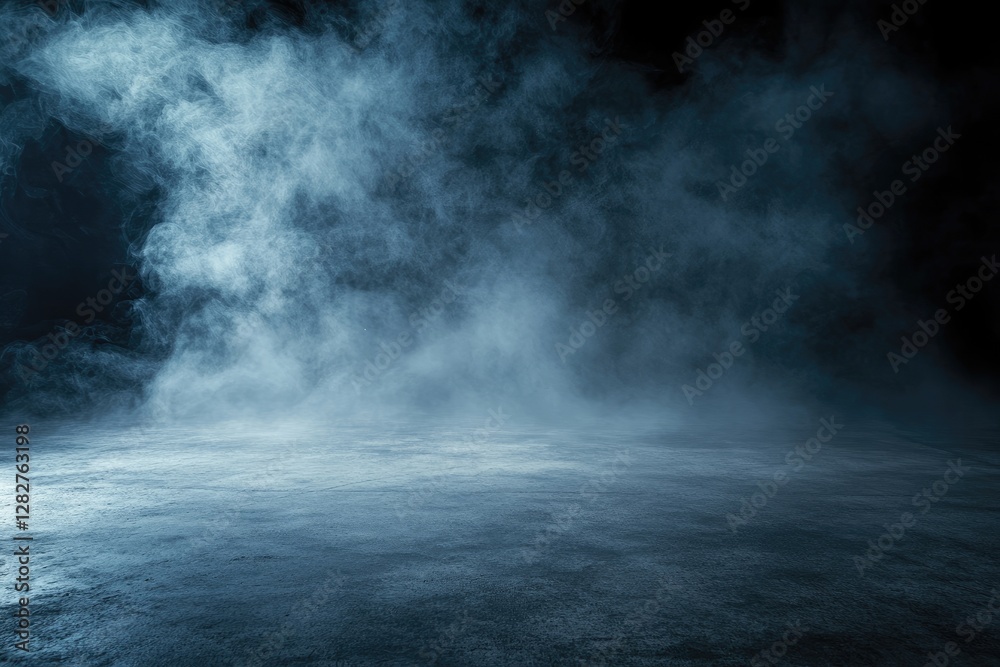 Smoky studio floor, blue haze, dark background, product display Smoky studio floor, blue haze, dark background, product display