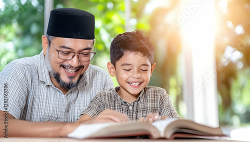 Happy father and son reading a book together at home, sunny background, ideal for family, education, and parenting themes