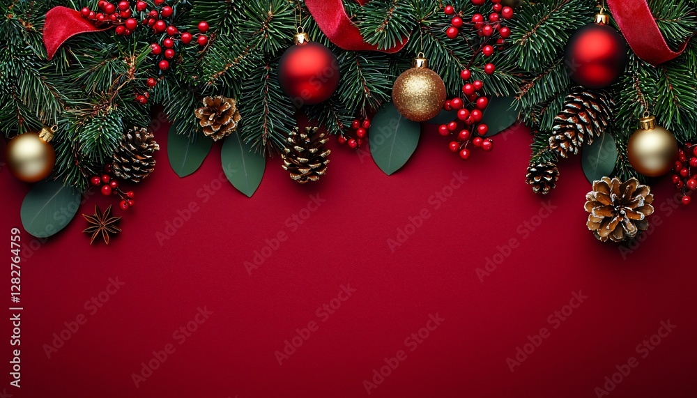 Festive Christmas flat lay with red & gold ornaments, evergreen branches, and copy space. Ideal for holiday banners, social media, website headers, and festive designs. Festive Christmas flat lay with red & gold ornaments, evergreen branches, and copy space. Ideal for holiday banners, social media, website headers, and festive designs.