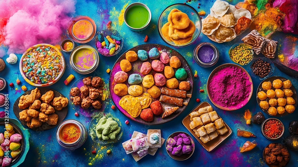 Holi-Themed Food Spread with Colorful Sweets, Holi Holi-Themed Food Spread with Colorful Sweets, Holi