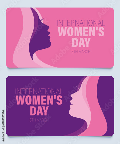 Set of horizontal International Women's Day March 8th card, gift tag, certificate, discount, flyer with female silhouette face woman head, space for text. Minimalist style Mockup purple pink template.
