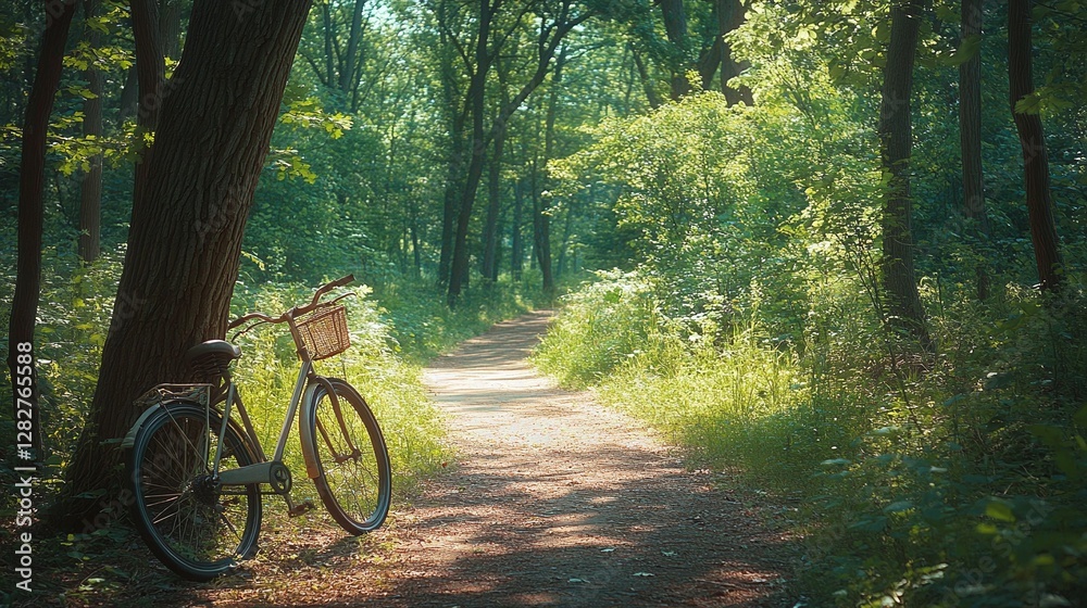 Obraz premium tranquil wooded path with a bicycle resting against a tree evoking feelings of freedom eco-friendly travel and the serenity of nature cycling