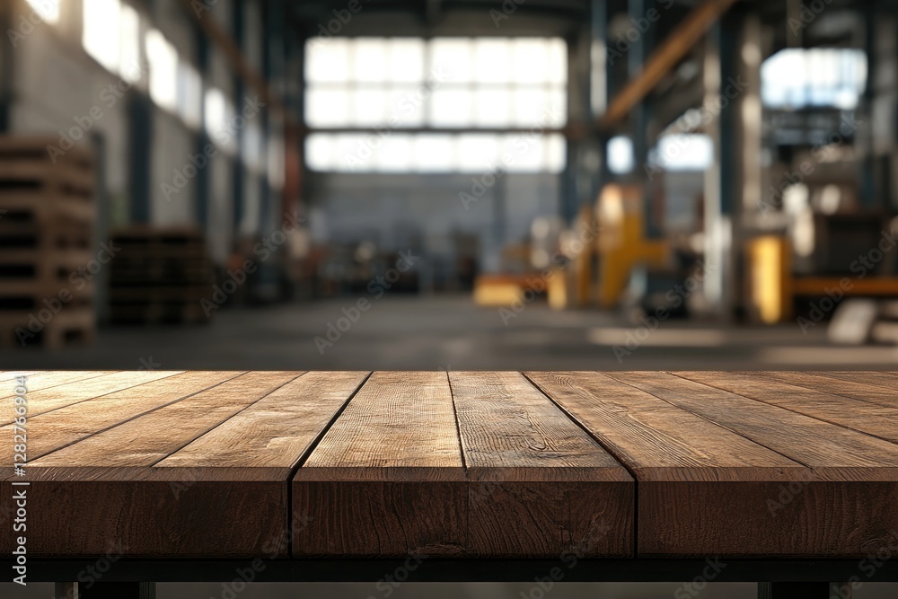 Wooden table in factory, showcasing products Wooden table in factory, showcasing products