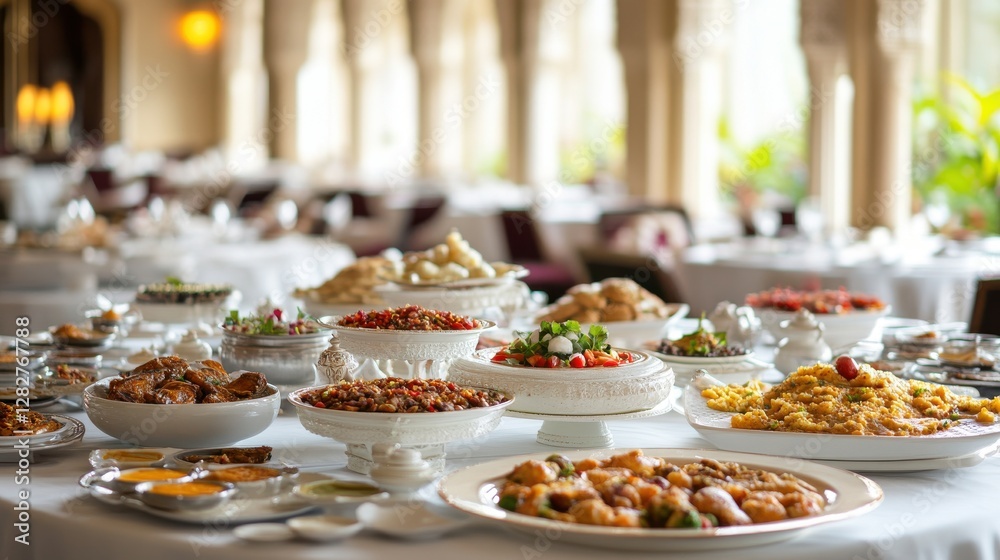 Elegant Buffet Table with Various Dishes in Upscale Restaurant Elegant Buffet Table with Various Dishes in Upscale Restaurant
