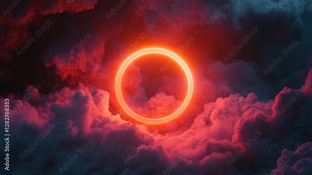 Obraz premium A 3D rendered spectacle unfolds: a vibrant, neon ring pulsates within a stormy, dark cloud against a stark, black canvas. The abstract interplay of colors and shapes evokes a sense of dynamic energy
