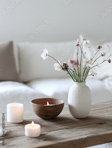 A bouquet of flowers placed in a vase, complemented by candles on a coffee table. The background of the living room is characterized by its white walls, wooden accents, Scandinavian ambiance