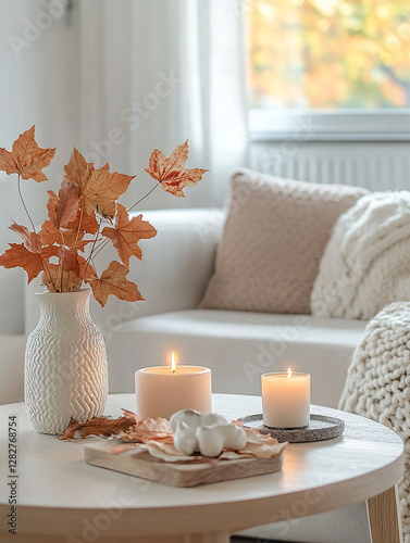 Scandinavian living room, featuring white walls and wooden accents. The room is complemented by autumn leaves placed in a vase and candles on the coffee table.