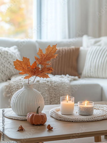 Scandinavian living room, featuring white walls and wooden accents. The room is complemented by autumn leaves placed in a vase and candles on the coffee table.