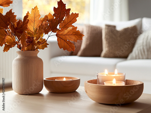 Scandinavian living room, featuring white walls and wooden accents. The room is complemented by autumn leaves placed in a vase and candles on the coffee table.