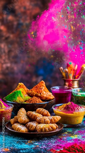 Holi-Themed Sweets and Drinks with Bright Color Splashes, Holi 
