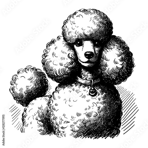Line art drawing of Poodle dog's ink sketch vector hand drawn illustration background