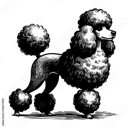 Line art drawing of Poodle dog's ink sketch vector hand drawn illustration background