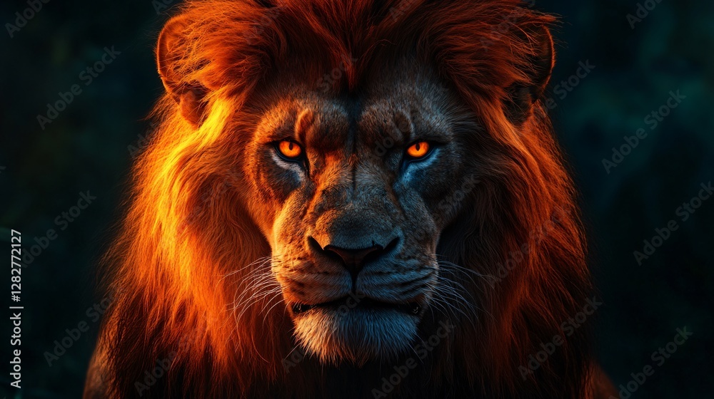 Fototapeta premium Fiery-Eyed Lion Majestic Portrait of a Male African Lion at Sunset