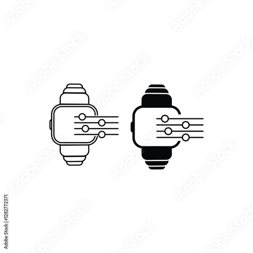 Options of Smart Watch Line and Silhouette Icon Set. Smartwatch Settings Symbol Collection. Control Panel of Electronic Device Pictogram. Isolated Vector