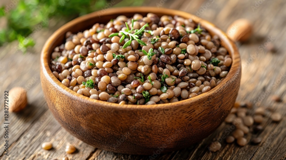 Lentils with herbs in wooden bowl on rustic table Lentils with herbs in wooden bowl on rustic table
