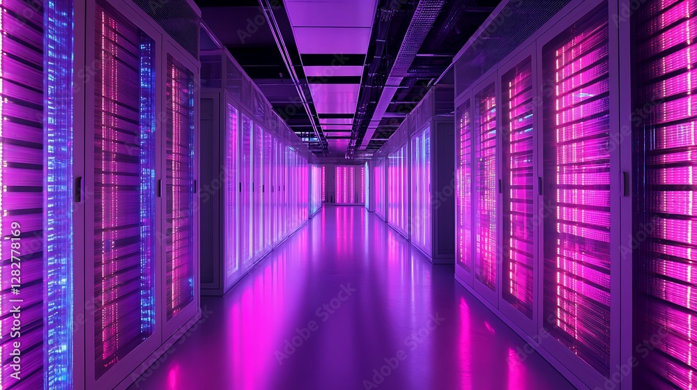 Fototapeta premium Illuminated Data Center Corridor: A Symphony of Purple and Pink
