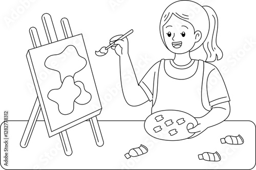 kid painting on an easel outline coloring printable