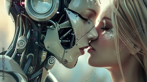 A close encounter between a female human and a futuristic robotic figure, showcasing the fusion of technology and humanity.