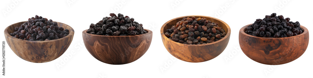 Raisins in a wooden bowl isolated on transparent background, PNG, Set of Raisins in a wooden bowl isolated on transparent background, PNG, Set of