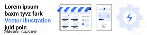 Shopfront with awning above website interface, digital thermostat showing temperature control, gear with lightning bolt inside, and placeholder text. Ideal for e-commerce, smart home technology, IoT