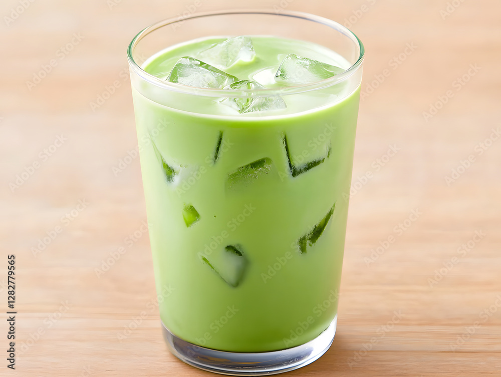 Refreshing iced matcha latte with ice cubes, perfect for warm day. This vibrant green drink offers smooth texture and delightful taste, ideal for tea lovers Refreshing iced matcha latte with ice cubes, perfect for warm day. This vibrant green drink offers smooth texture and delightful taste, ideal for tea lovers