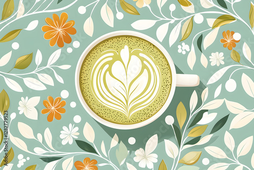 Vibrant green matcha latte with intricate foam design surrounded by floral patterns, creating serene and inviting atmosphere