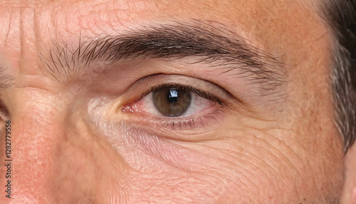 Closeup of man eye wrinkles with wrinkles, crow's feet at the corners of eyes and horizontal forehead line, generative AI. photo