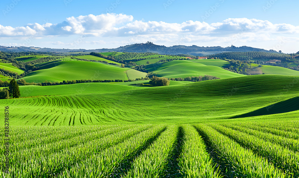 Naklejka premium Lush green rolling hills of Tuscany, Italy, under a vibrant blue sky. Perfect for travel, nature, and agriculture themes.