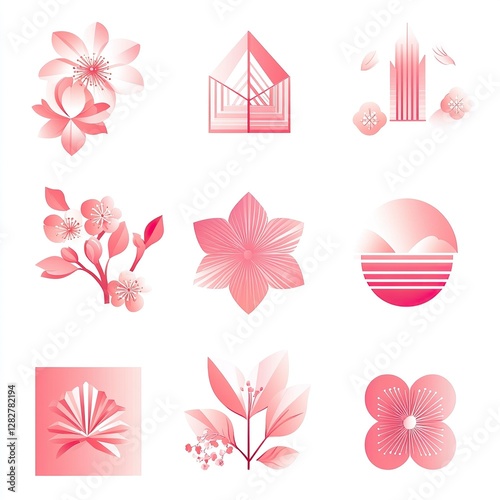 Icon Set of Abstract Cherry Blossom Patterns, Cherry Blossom Festivals