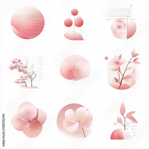 Icon Set of Abstract Cherry Blossom Patterns, Cherry Blossom Festivals