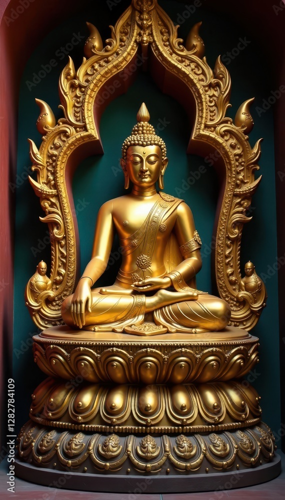 Golden Buddha statue surrounded by intricate carvings and sculptures , golden, silversmithing Golden Buddha statue surrounded by intricate carvings and sculptures , golden, silversmithing