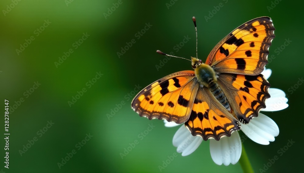 Delicate orange and black patterns of an orange tortoiseshell butterfly on a white flower, orange tortoiseshell butterfly, beauty Delicate orange and black patterns of an orange tortoiseshell butterfly on a white flower, orange tortoiseshell butterfly, beauty